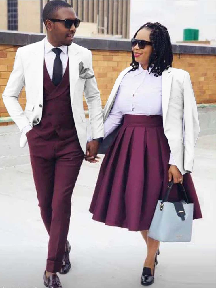 Luxury Costume Homme Burgundy Full Male Suit For Wedding 3 Piece Elegant Dress Men's Plaid Suit Design Wedding Man Jacket