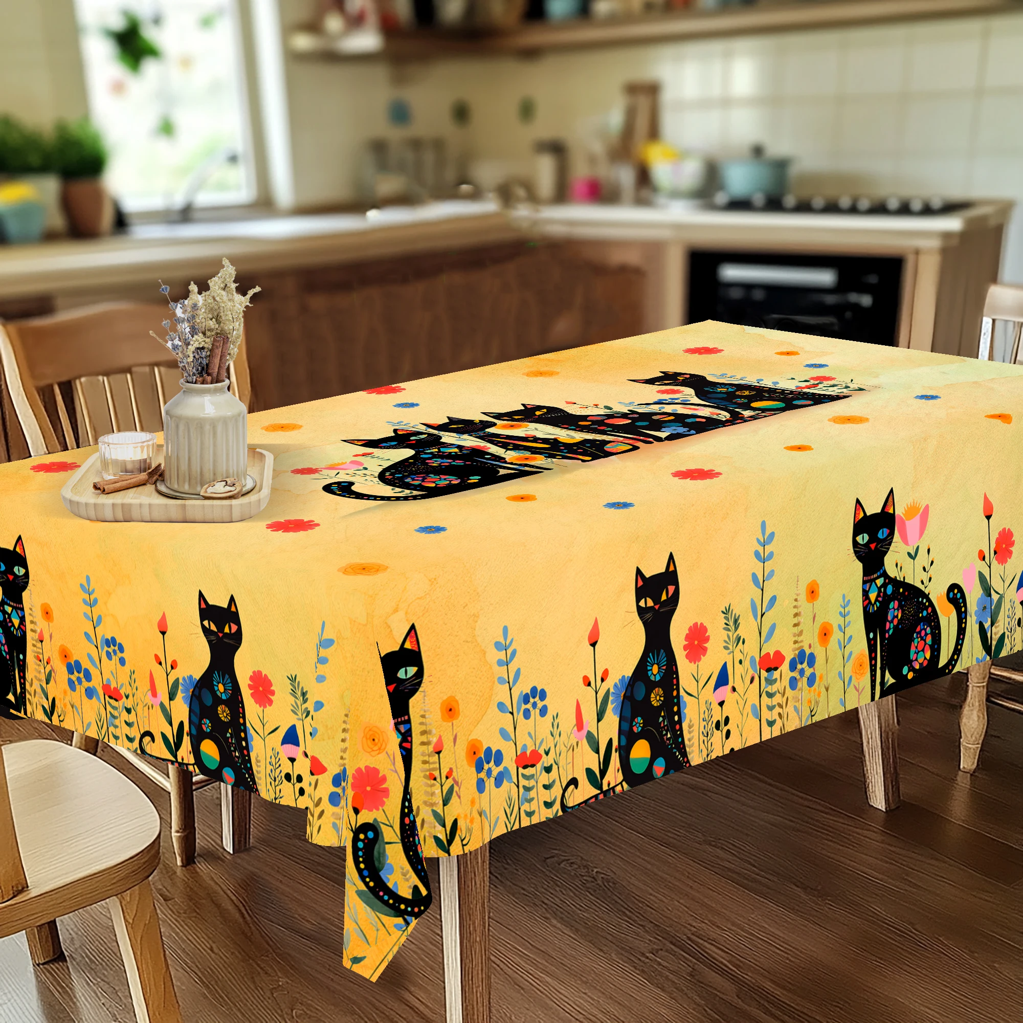 Bohemian Mandala Tablecloth, Vintage Floral and Cat Pattern Tablecloth, Round Colorful Tablecloth for Holiday Party Decoration