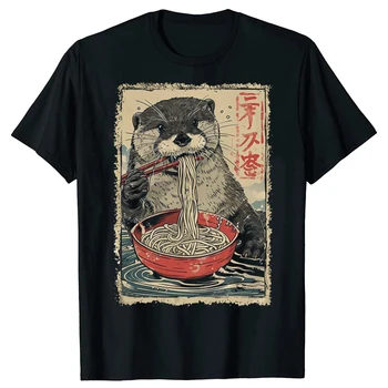 Funny Otter Eating Ramen Anime Graphic T-shirts Women's Fashion Casual Tshirt  Shirt Summer Aesthetic Clothes Personality Y2K 1