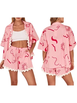 Women s Summer Loungewear Set Fashion Print Short Sleeve Lapel Button T-Shirt with Ric Rac Trim Shorts Sleepwear 2