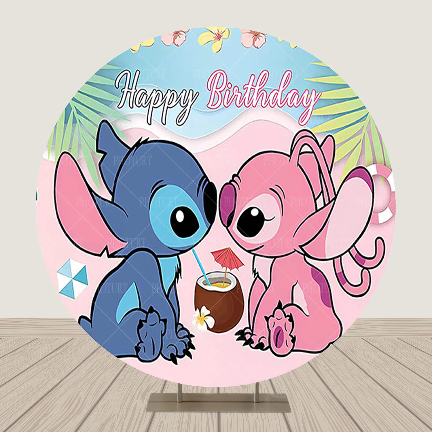 Fondo redondo de Stitch y Ángel de Disney para fiesta de cumpleaños de  niños, cartel de círculo rosa, accesorios de decoración de fotografía -  AliExpress, image size:1500x1500