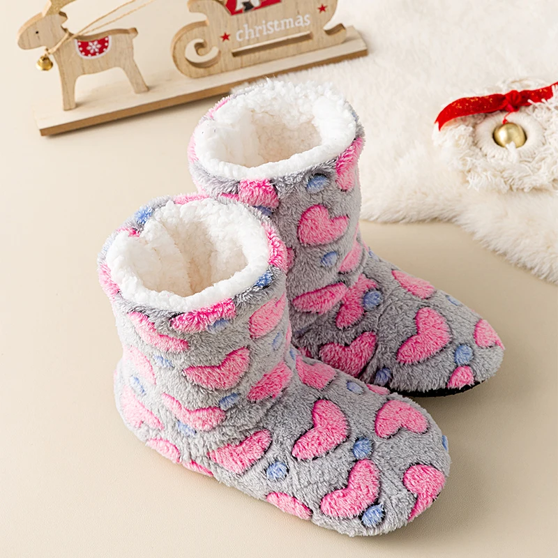 1 Paar Damen-Hausschuhe für den Winter, warm gepolstert, verdickt, bunt, Liebe, mittlere Wade, rutschfeste Damen-Bodenschuhe – Detail 2