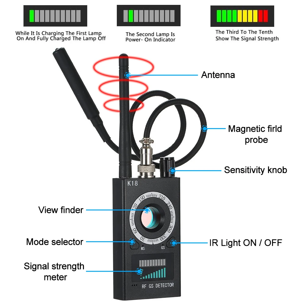 K18 Multi-function Camera Detector GPS Bug hunter's GPS lens Detect Machine Wireless Lens Device Finder