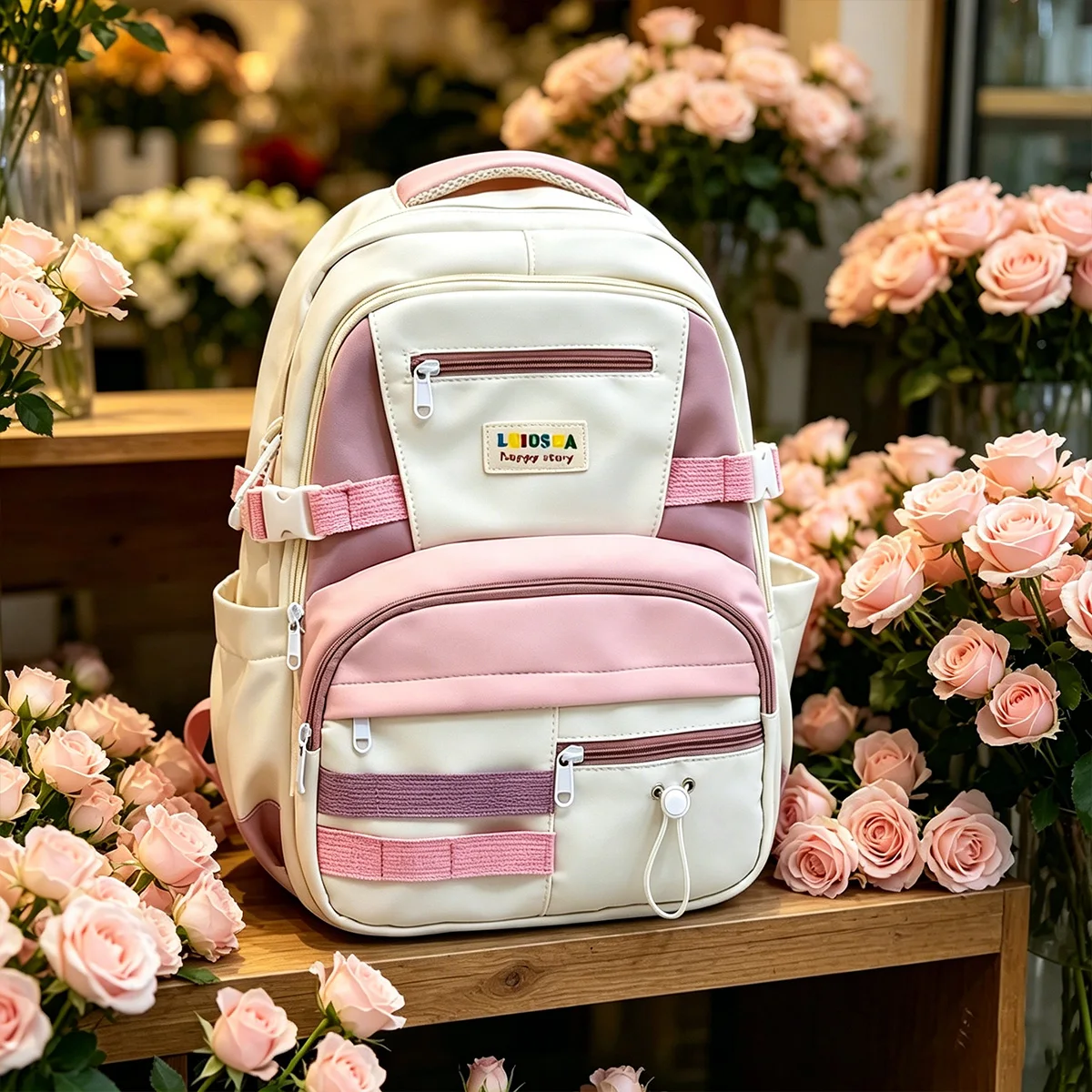 Dopamine Color Block Backpack Large Capacity Lightweight School Bag Cute Plush Pendant Adjustable Strap for Daily Campus Use 1