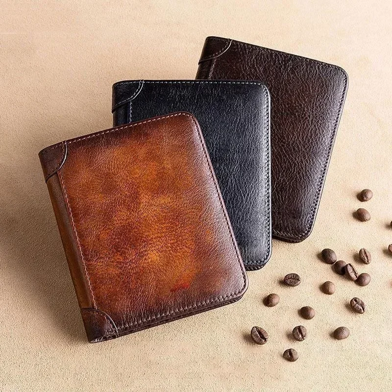 Leather Rfid Blocking Trifold Wallets For Men Vintage Thin Short Multi Function ID Credit Card Holder Money Bag ﻿Purse