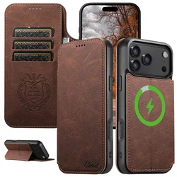 Luxury Leather Wallet Case with PU Folio Card Holder and Wireless Charging, Shockproof Design - iPhone 15 Plus (BRNLzw)