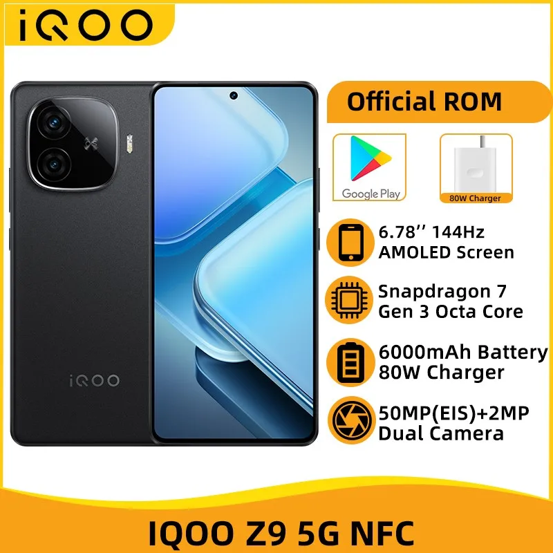 IQOO Z9 5G NFC 스냅드래곤 7 세대 3 옥타코어 스마트폰, 6.78 인치 144Hz AMOLED 스크린, 6000 mAh 배터리, 80W 고속 충전기, 50MP 카메라