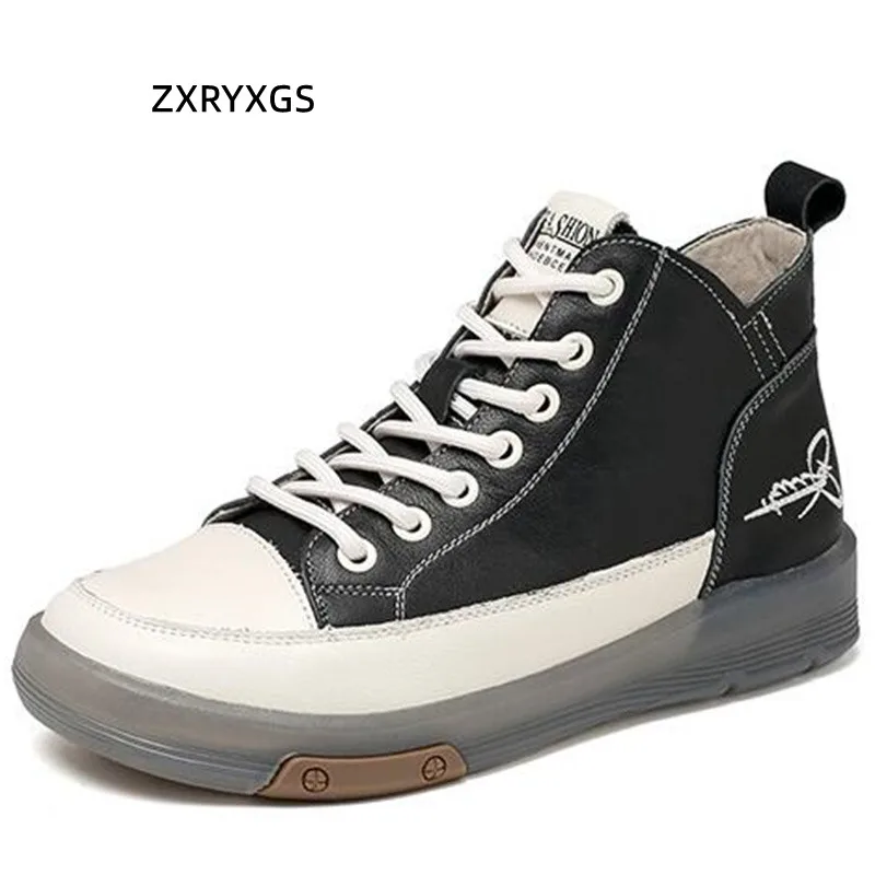 

ZXRYXGS Premium Soft Cowhide White Sneakers Women Ankle Boots 2022 New Lace-up High-top Women's Sneakers Flat Comfort Tide Shoes