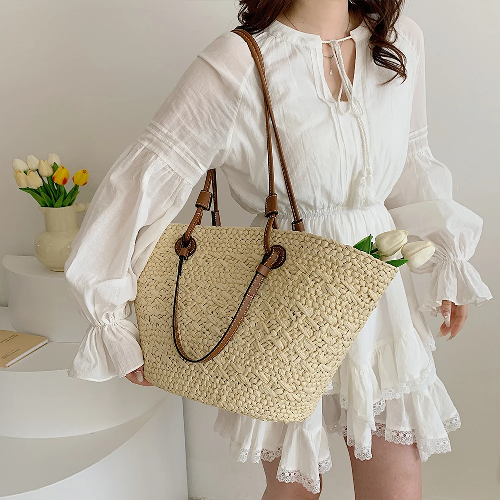 Straw Woven Tote Bags for Women Shoulder Raffia Bag 2024 Rattan Large Shopping Basket Beach Bag Luxury Crochet Handbag Tote Bag