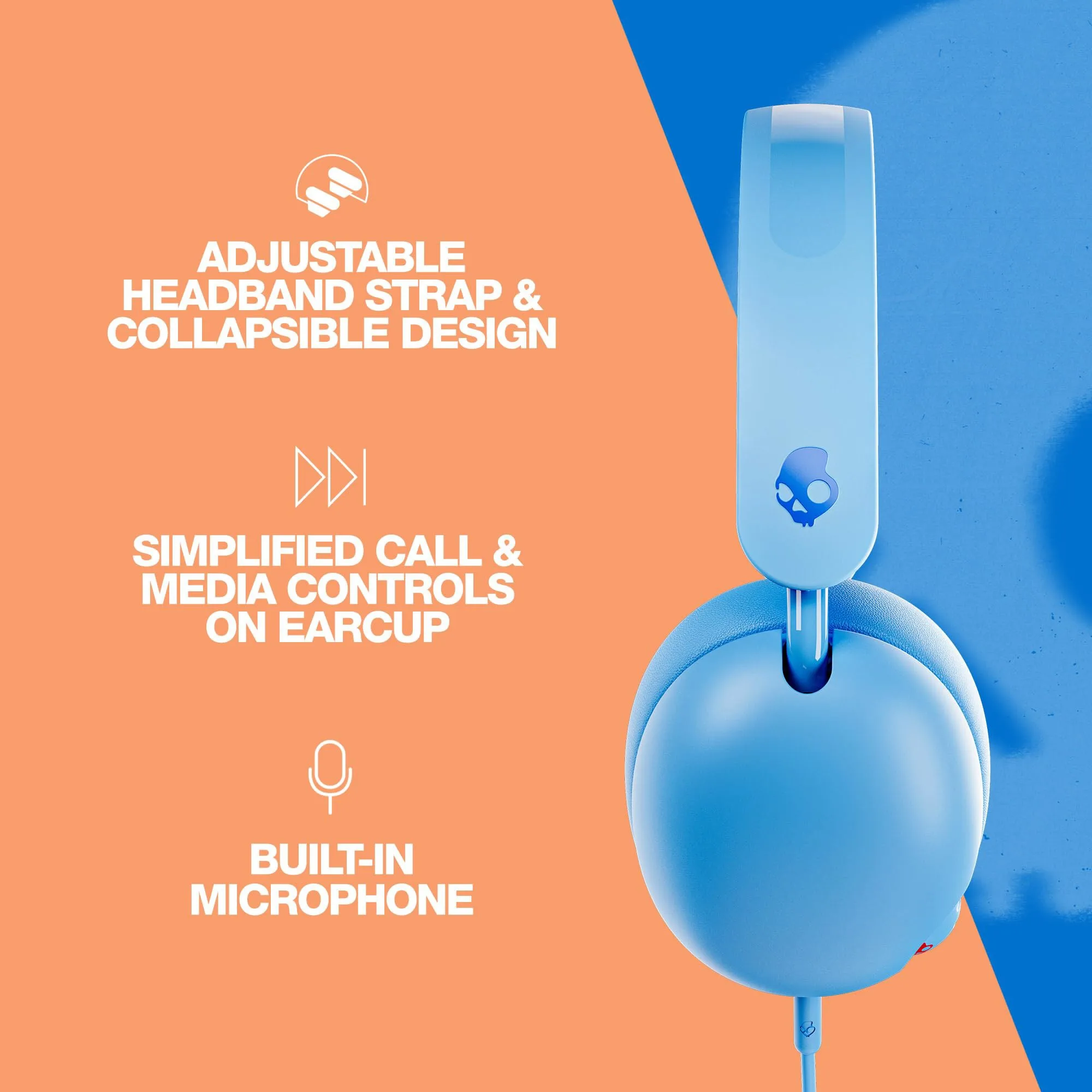 Skullcandy Grom 무선 어린이 헤드폰, HD 통화, 마이크 음성 어시스턴트, 감각 베이스 헤드셋, 대용량 배터리 선택