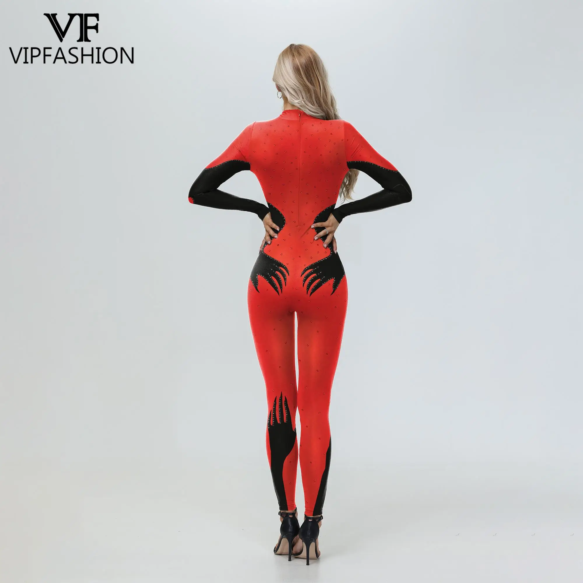 VIP FASHION Rhinestone Print Jumpsuit for Women Sexy Party Bodysuit Festival Party Catsuit Red Black Skin Color Lady Zentai Suit