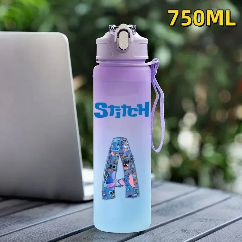 750ML Lilo Stitch Straw Water Cup Letter 26 English Letters A-Z Purple Blue Water Bottle Outdoor Travel Office Jugs Gifts 1