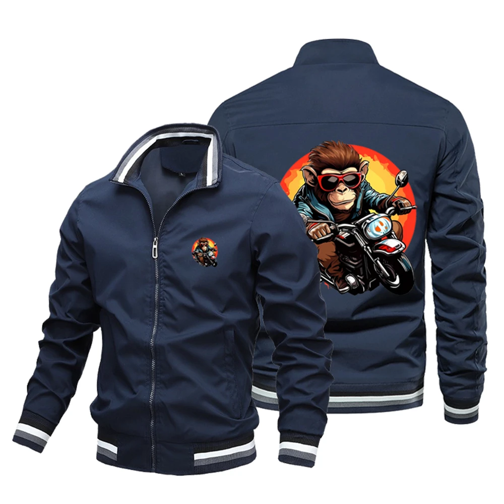 

3D Cool Monkey Motorcycle Jacket Spring/Summer Men's Daily Stand up Collar Fashion Long sleeved Flight Jacket Trendy Men's Coat