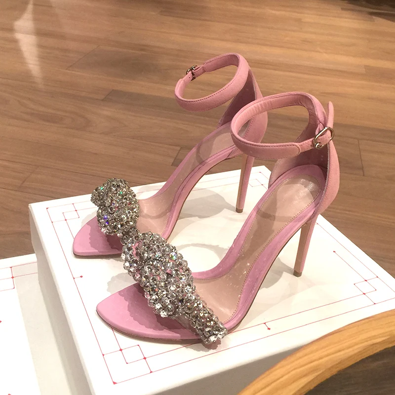 

Pink Suede Glitter Rhinestone Bowtie Sandals Peep Toe Summer High Heels Lady Ankle Strap Cut-Outs Bling Bling Crystal Shoes