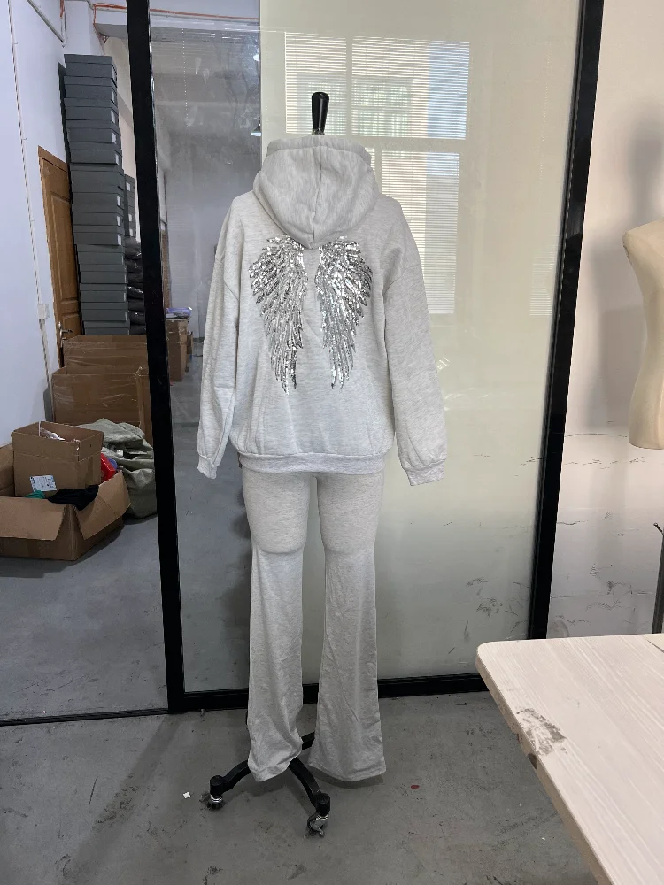 Sequin Angel's Wings Hoodies Women Chic Loose Long Sleeve Pullovers Top Slim Yoga Pant Set 2025 New Casual Lady Two Piece Sets