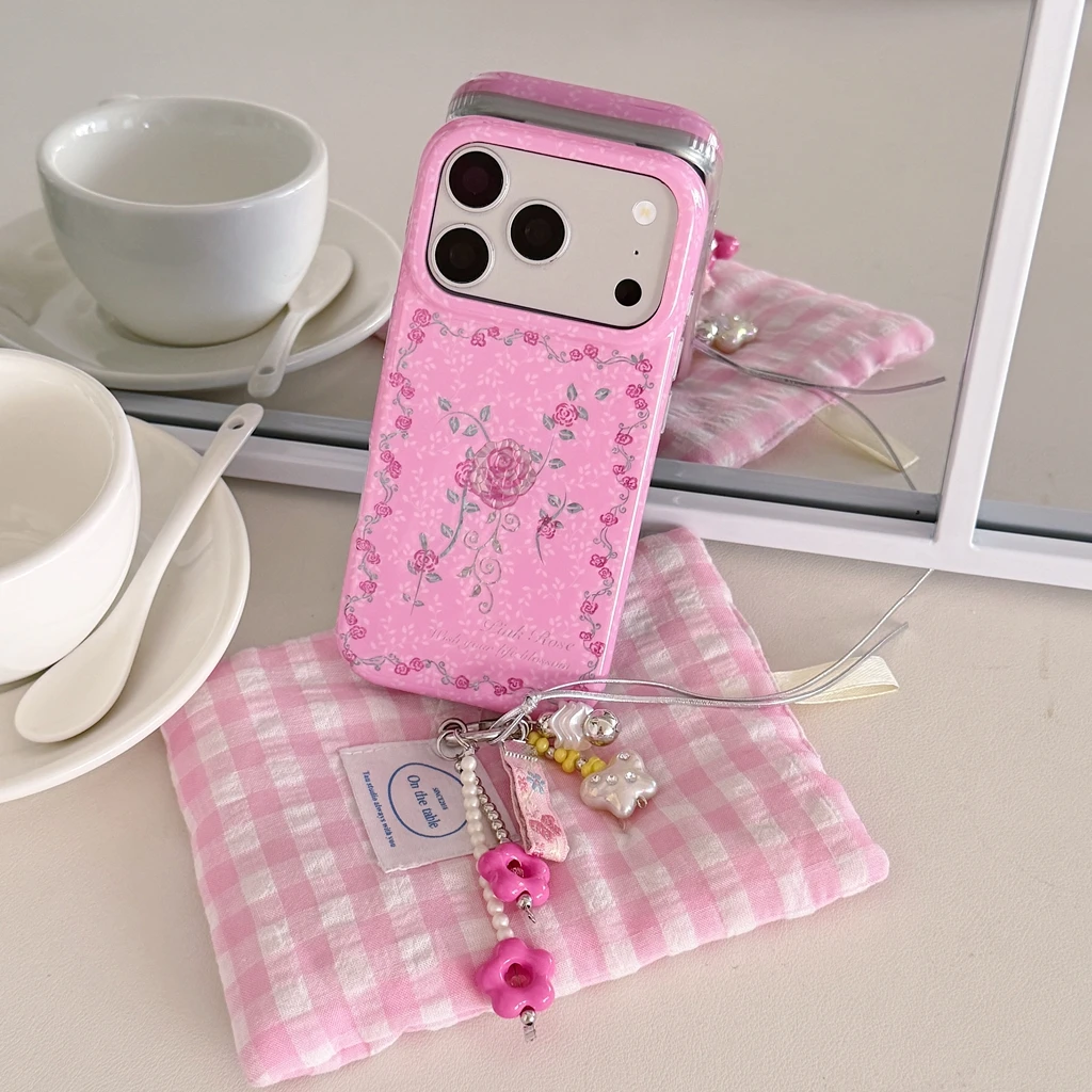 Sweet Pink Rose Flower Glossy Pendant Shockproof Protective Phone Cover Case
