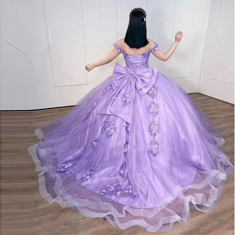 

Сиреневое платье с большим бантом и 3D цветочной аппликацией, платья для девочек на день рождения, мексиканская Золушка, платья принцессы 16, платья 15 лет