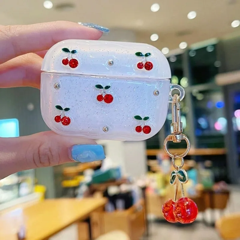 Clear Glitter Earphone Case for AirPods with Cherry Charm
