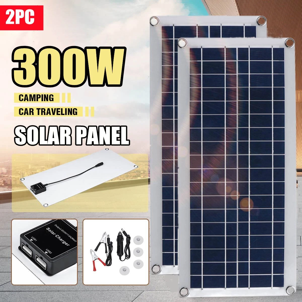 300W 150W Solar Panel Dual USB 12/5V DC High Efficiency Polysilicon