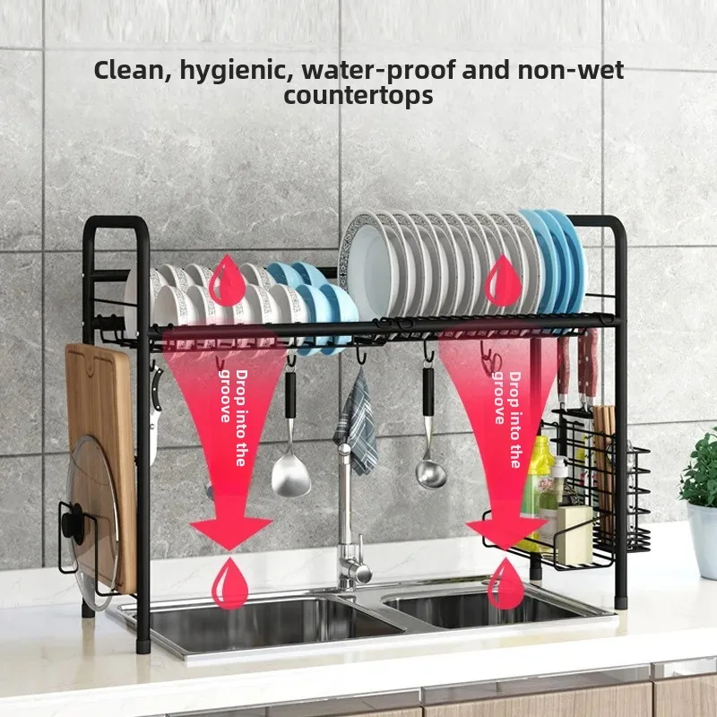 Dish Drying Rack with Hooks Over-Sink Storage for Pots and Cutlery No-Drill Kitchen Organizer with Cutting Board Holder