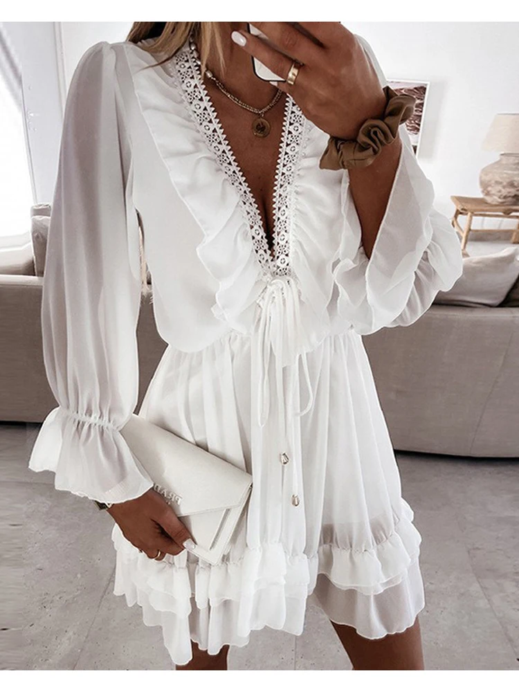 Women Long Knit Dress Solid Color Hollow-Out Deep V-Neck Long Sleeve Bodycon Dres | ChicGrl