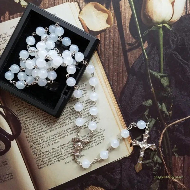 Acrylic White Luminous Rosary Necklace Christmas Party Baby Shower catholic rosary necklace