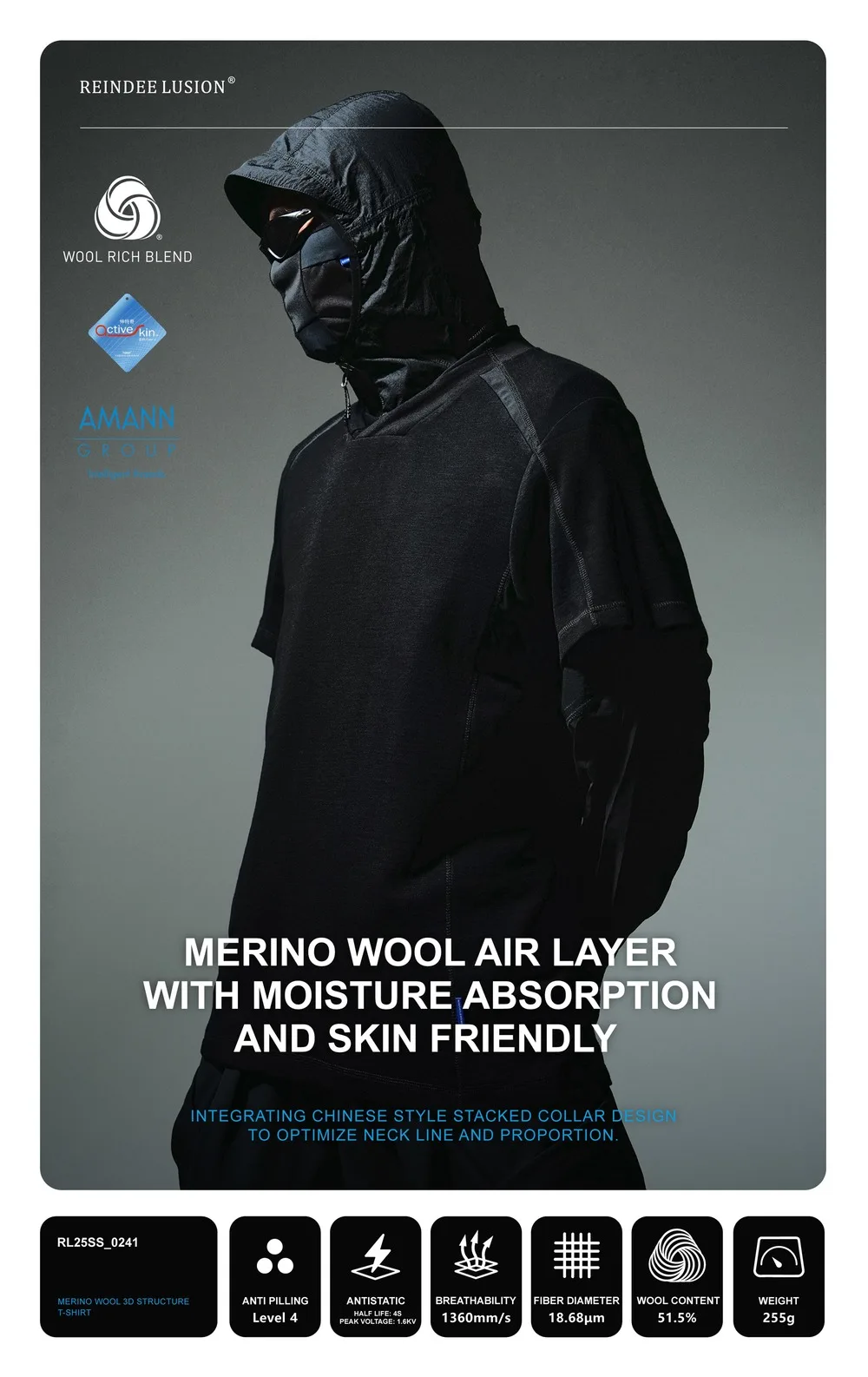 Reindee Lusion 25ss Merino wool 3d structure t-shirt skin frinedly breathable splicing materials techwear gorpcore