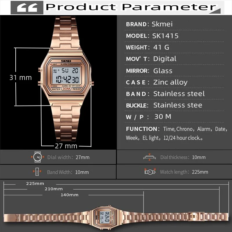 Skmei Women's Digital Sports Waterproof Bracelet Watch Luxury Stainless Steel Strap Shock Resistant Led Chronograph Alarm Clock women watches electronic watch