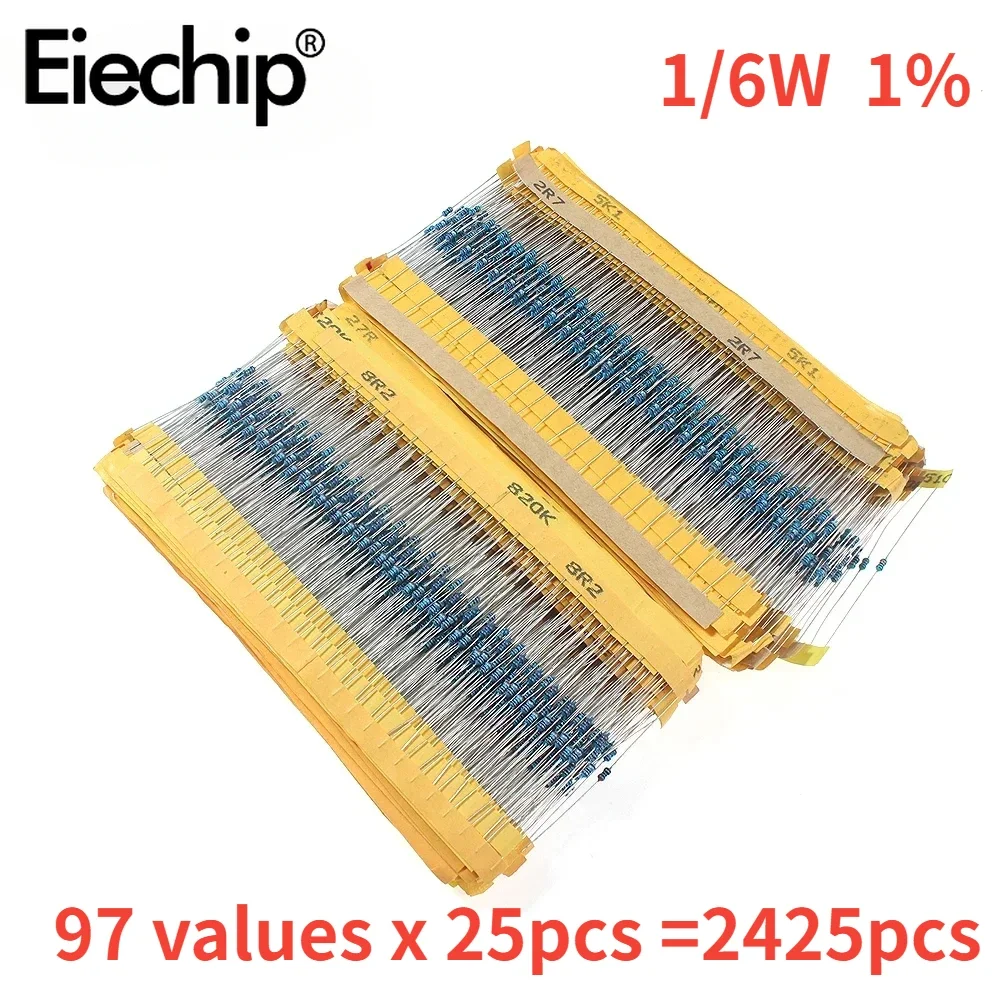 2425pcs 1/6W 1% Metal Film Resistor Kit 97 Values Set of Resistor 1.5K 100K 100R 10K 10R 1K 1M 2.2K  20K 220R 2K 330R Ohm