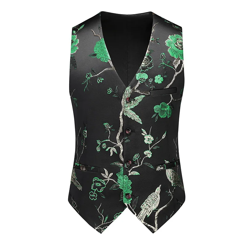 VAGUELETTE Embroidered Floral Pattern Vest For Men Suit Jacket Wedding Party Stage Elegant Wear For Men Top