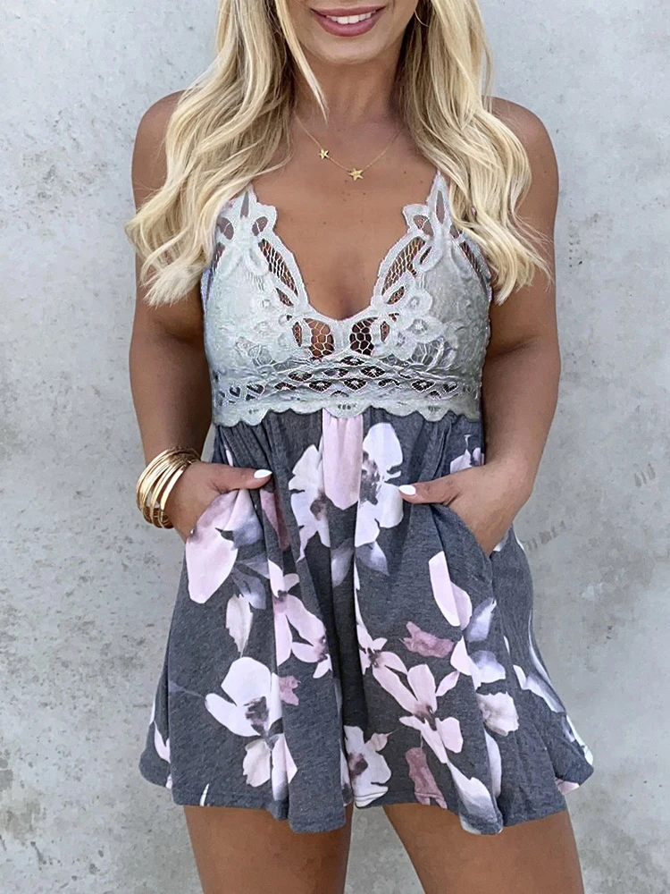Floral Lace Splicing Pocket Gray Romper Cut Out Sleeveless Jumpsuit Street Style Fashion One-pieces Romper Outfits Women Rave