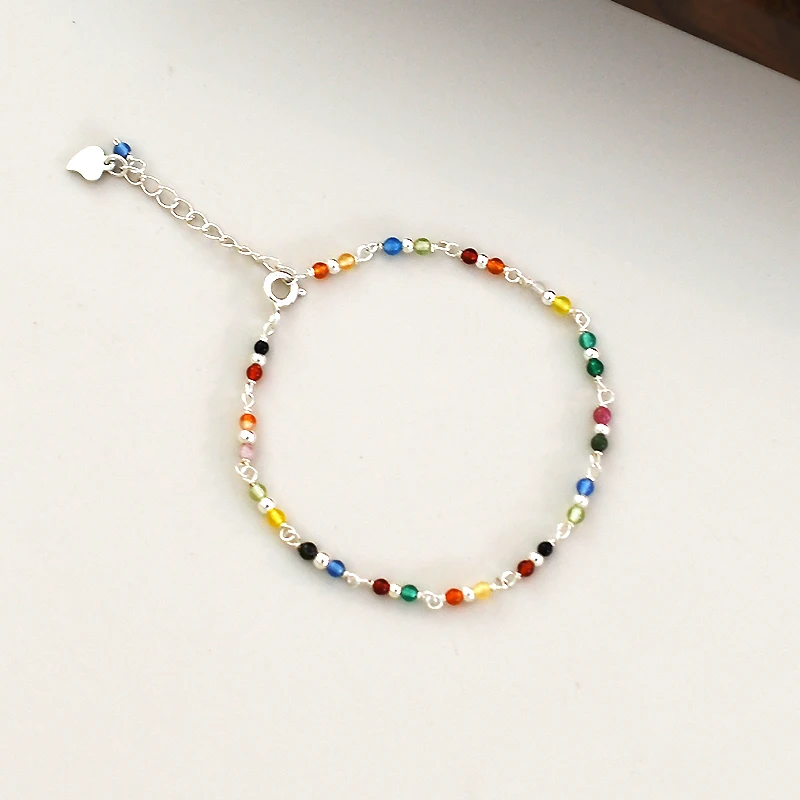 925 Sterling Silver Natural Stone Agate Anklet Mixed Colors for Women
