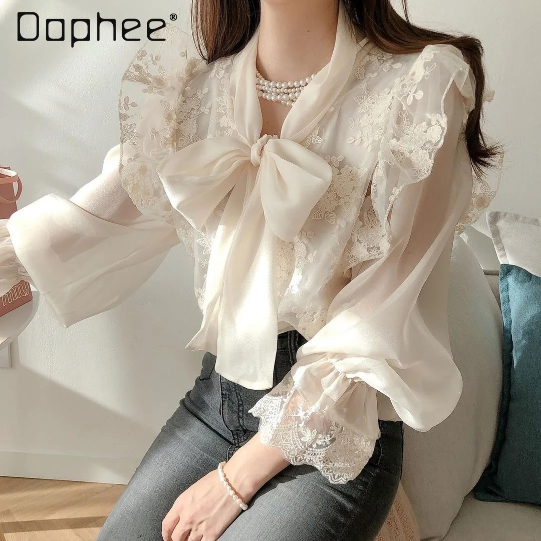 

Новинка Весна 2024, нежная Дамская кружевная рубашка с бантом, шикарная свободная элегантная кружевная жаккардовая универсальная блузка в Корейском стиле с прострочкой
