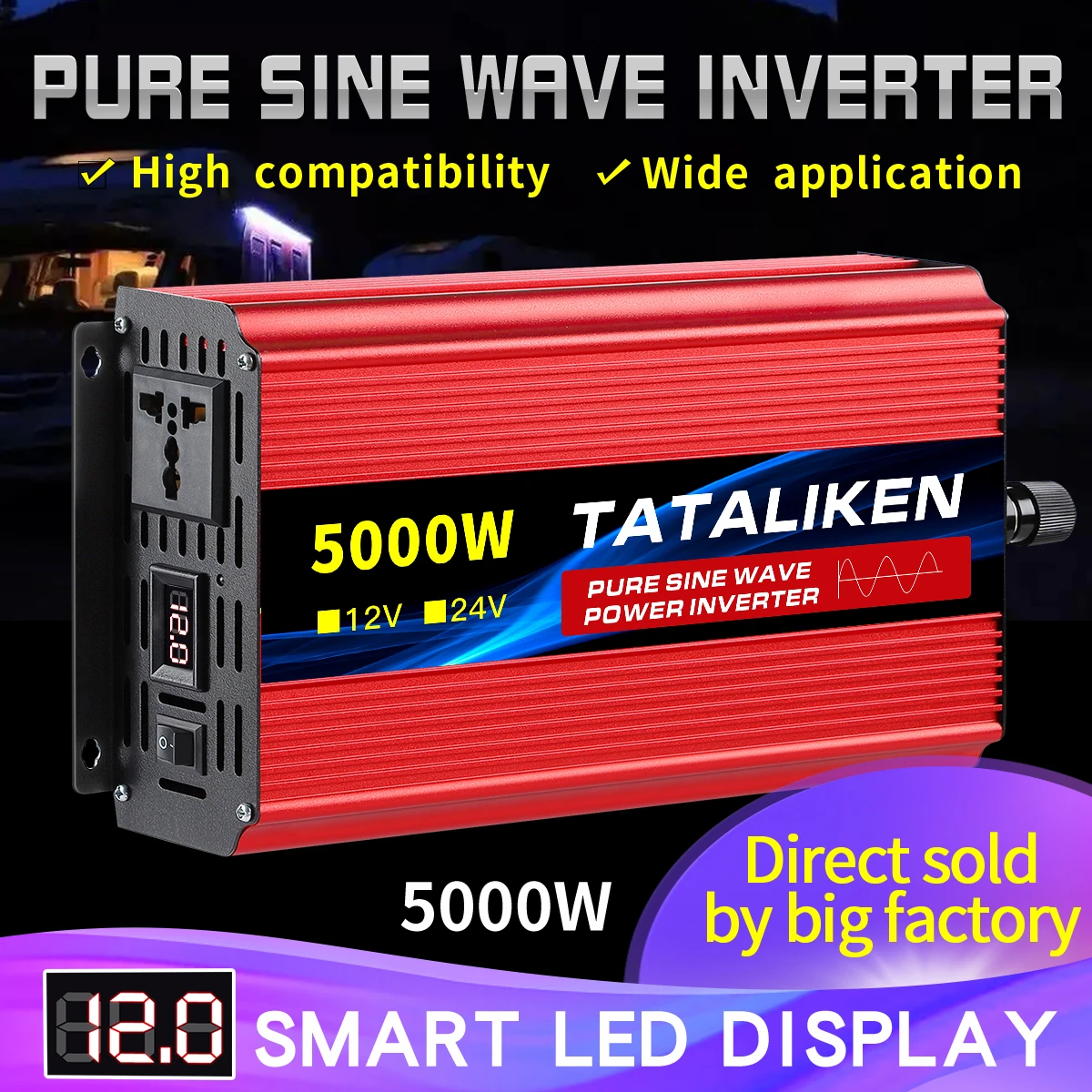 Inversor Dc12v 24v para ac 220v Tensão 50 60hz Power Solar Transformer Pure Sine Waveconverter com Display Led Soquete Universal