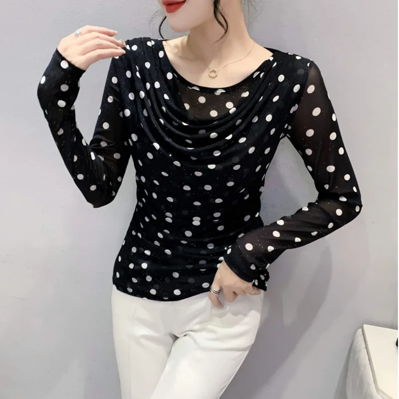 7983 Black Mesh T Shirt Women O-neck Polka Dot Printed T Shirt