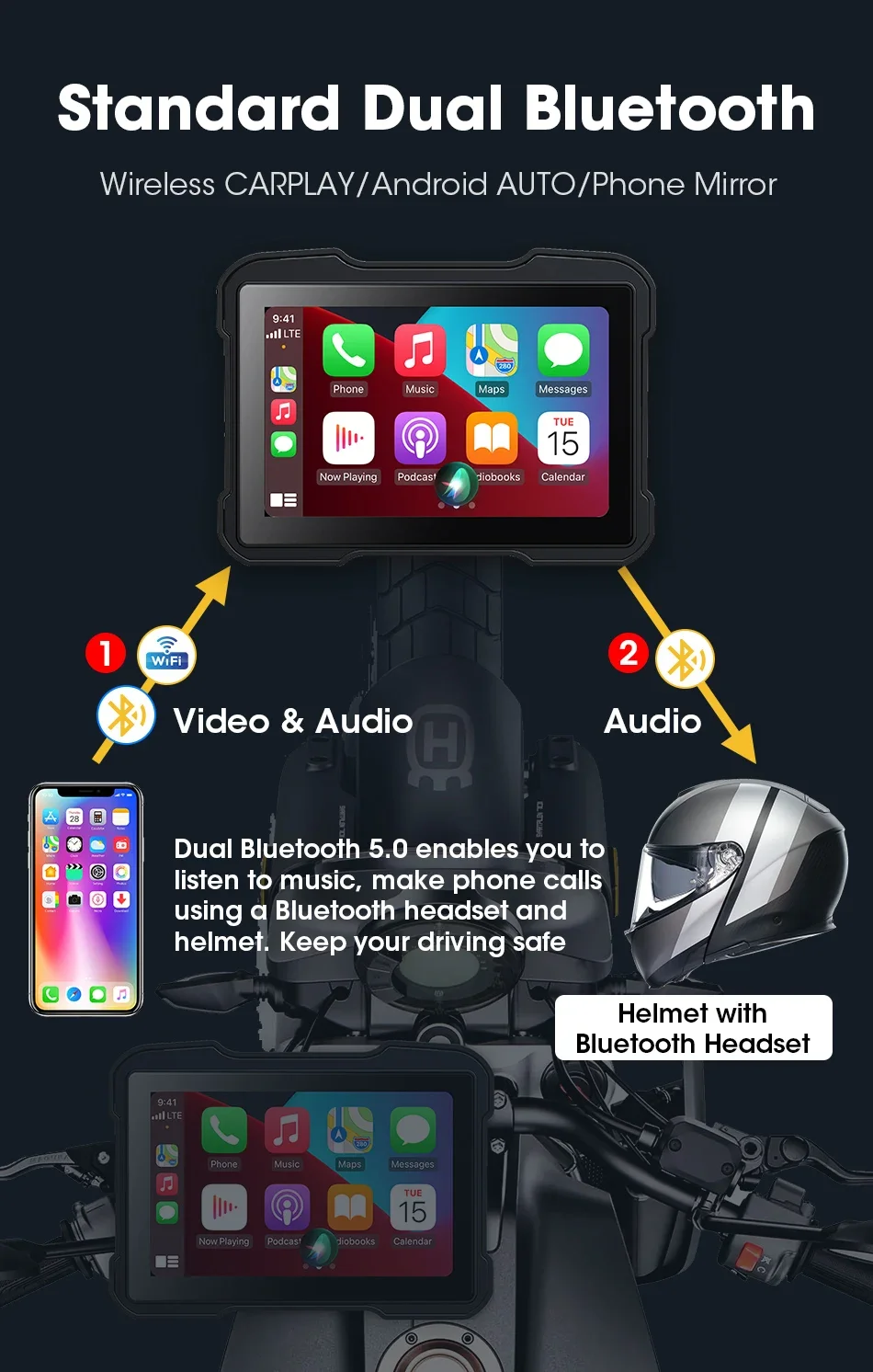 Srnubi 5-Zoll tragbares Carplay Android Auto Digital Motorrad-Armaturenbrett TPMS GPS für Motorrad-Navigations-Display BT5.0 – Detail 4