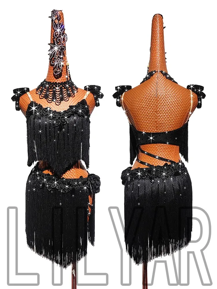 

New Latin Dance Dress For Adults And Children Black Tassels Waist Length Black Embroidery Sparkling Diamonds High-end Skirt