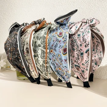 Fascia per capelli con orecchie di coniglio con fiocco bandana bohémien retrò per donna Accessori per lo styling dei capelli con turbante a cerchio largo paisley floreale 1