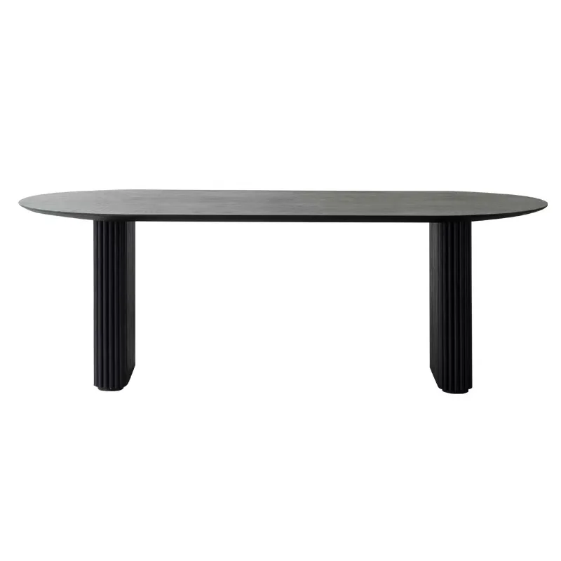 Atunus Nordic Minimalist Reclaimed Solid Wood Black Dining Table Ribbed Modern Luxury Dining Table 8 Seater Oval