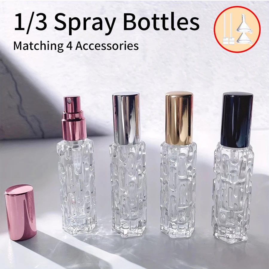 1/3/6pcs+4 accessories 10ml travel mini perfume atomizer container with 3 spray bottles, 2 funnels, 2 dispenser diviners 1