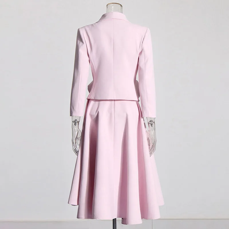 KBQ Elegant Two Piece Sets For Wommen Deep V Neck Long Sleeve Spliced Appliques Blazer High Waist Skirts Temperament Set Female
