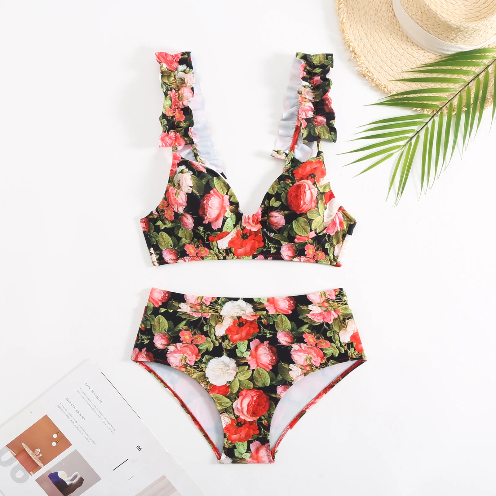 SUNSIREN Floral Print Separate Swimsuit Women Ruffle Shoulder Strap Three Pieces Swimwear Sexy Low Waist Push Up Beach Wear