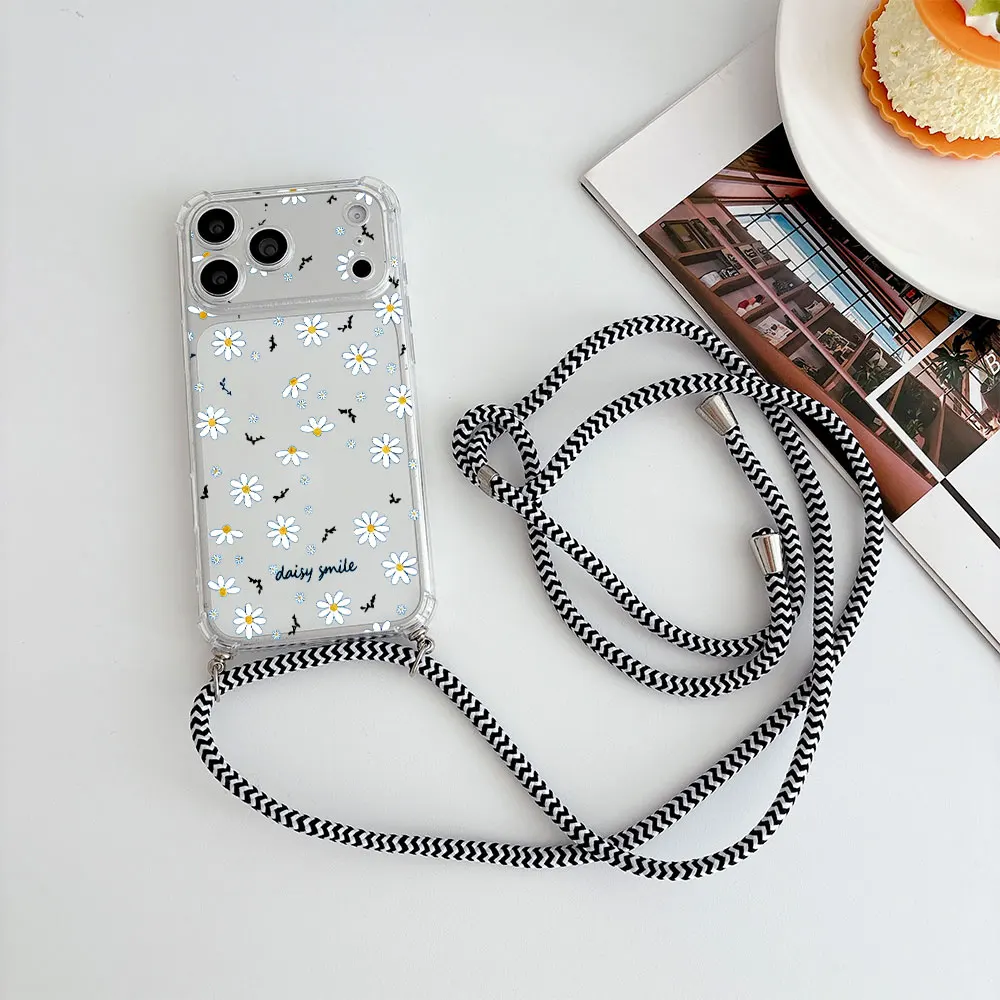 Daisy Print Clear Anti-Fall Crossbody Lanyard Phone Case