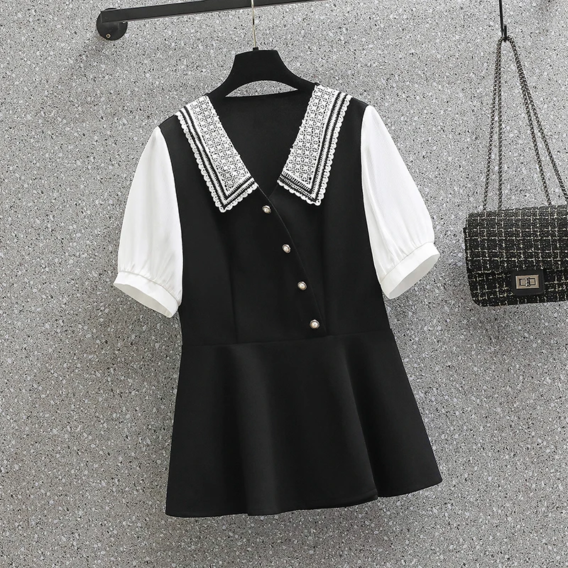 Workwear 검은 옷 플러스 사이즈 여성 바지 정장 레이스 크로 셰 뜨개질 셔츠 탑과 바지 두 조각 레이디 매칭 세트 2022 여름