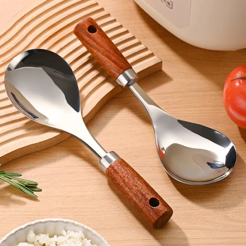 Stainless Steel Rice Spoon Thickened Heat-resistant Anti-Stick Rice Spoon Easy To Clean Wood Handle Shovel Kitchen Gadgets