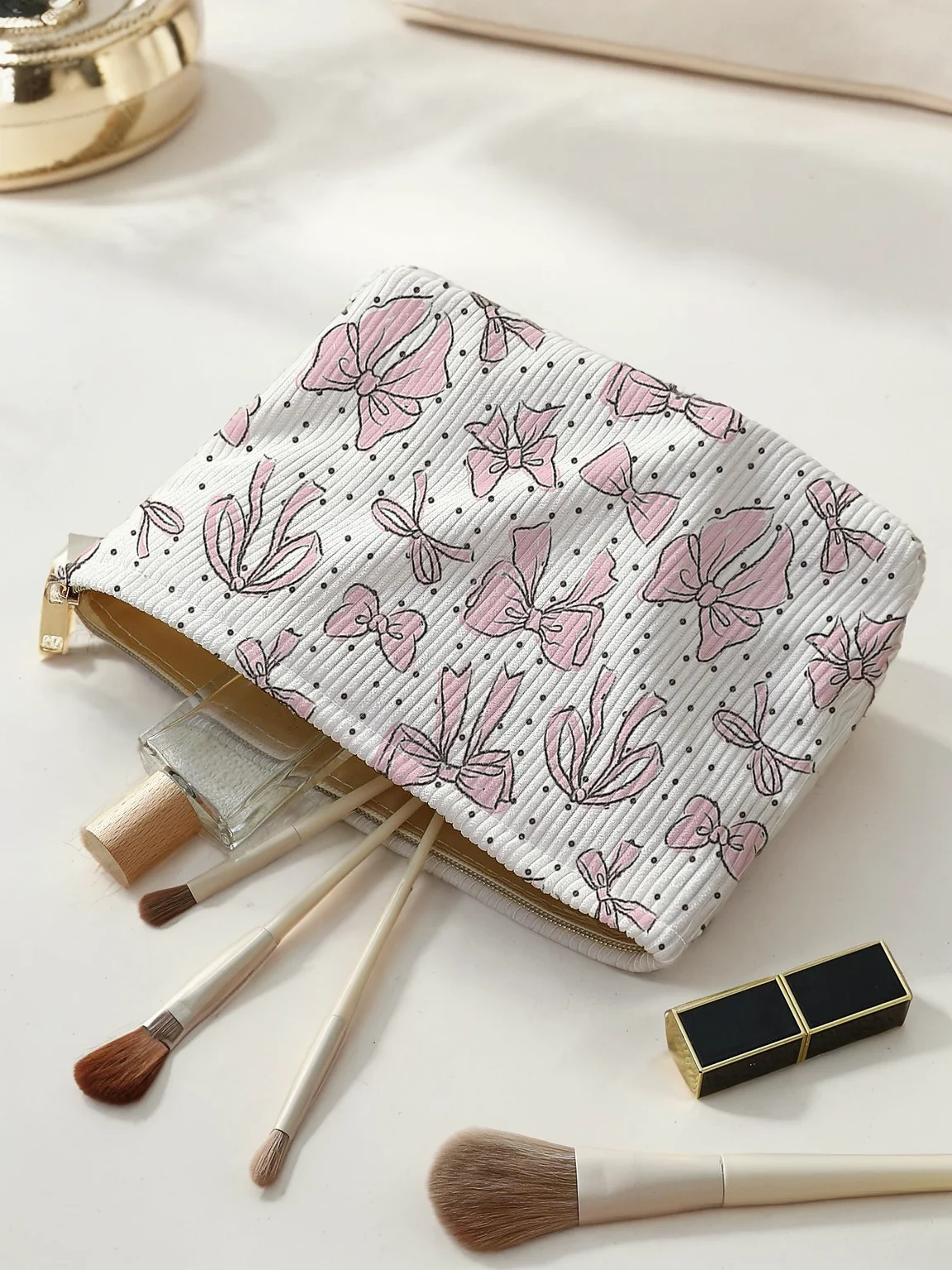 1pc，Pink bow patterned corduroy zipper makeup bag, lightweight and multifunctional makeup storage bag