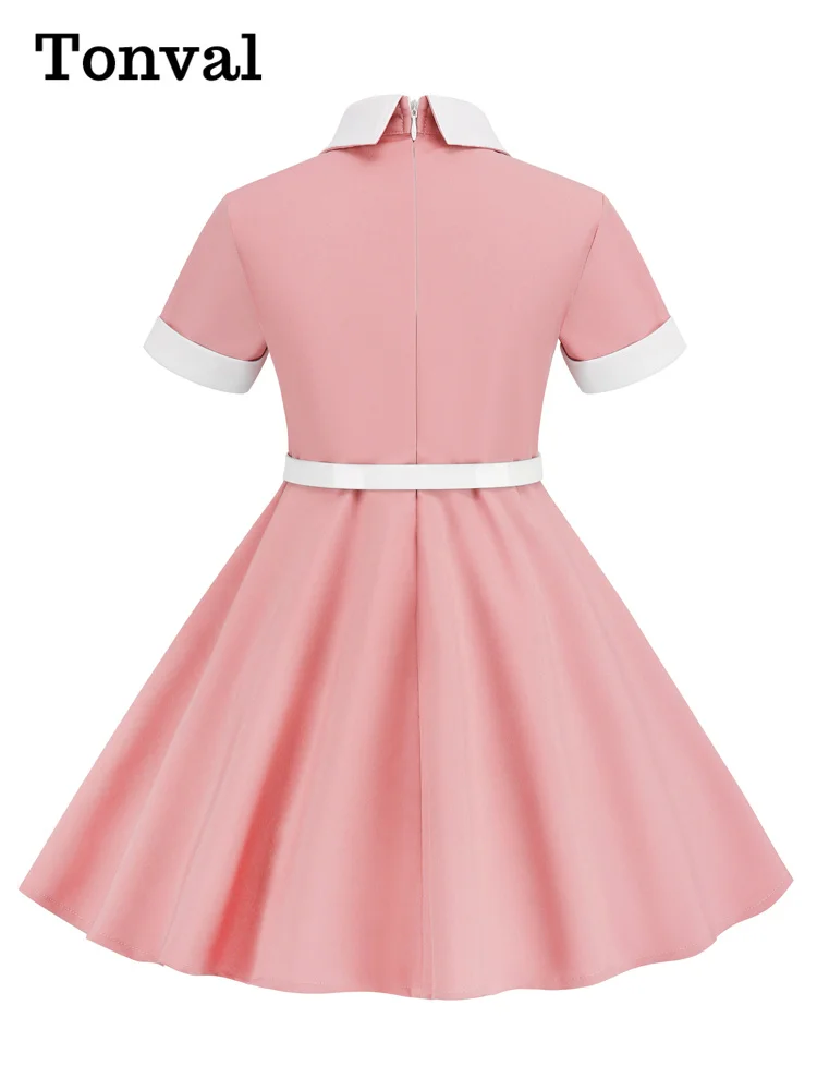 Tonval Turn Down Collar Button Front Vintage Childrenswear Short Sleeve Belted A-Line Kids Bridesmaid Dresses for Girls 2