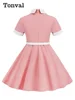 Tonval Turn Down Collar Button Front Vintage Childrenswear Short Sleeve Belted A-Line Kids Bridesmaid Dresses for Girls 2