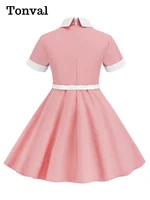 Tonval Turn Down Collar Button Front Vintage Childrenswear Short Sleeve Belted A-Line Kids Bridesmaid Dresses for Girls 2