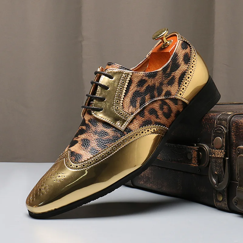 Luxury Men Golden Silver Men's Shoes Leopard Print Casual Shoes Mens Oxfords Business Wedding Formal Brogues